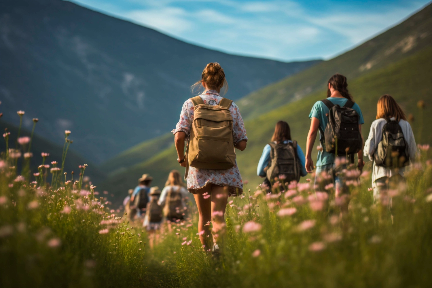 gruppo di persone che passeggiano tra le montagne in un prato con fiori